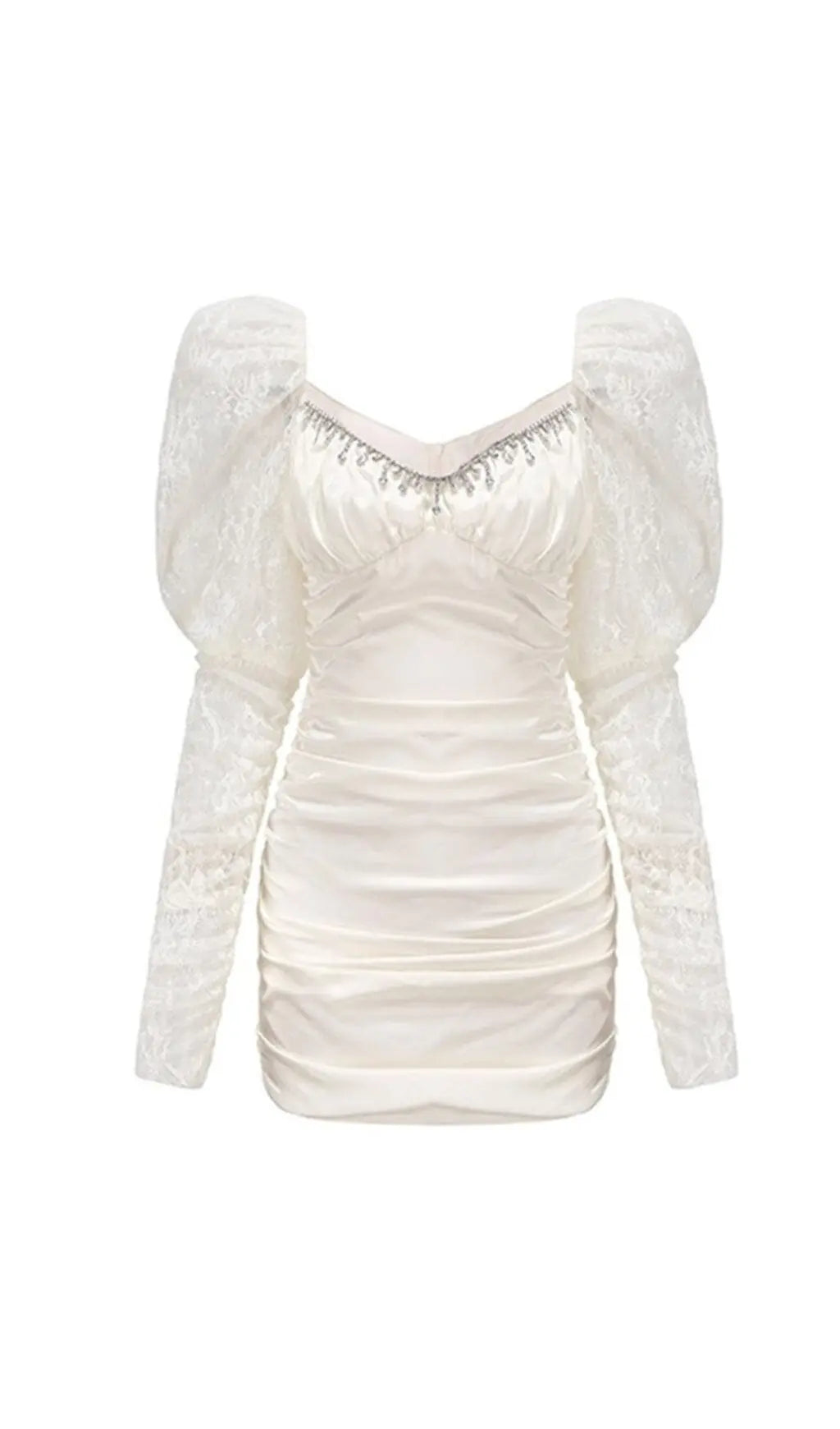 Pleated Dress With Lace Puffed Sleeves In White Rose Lee Dress