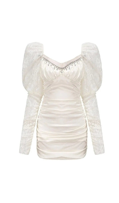 Pleated Dress With Lace Puffed Sleeves In White Rose Lee Dress