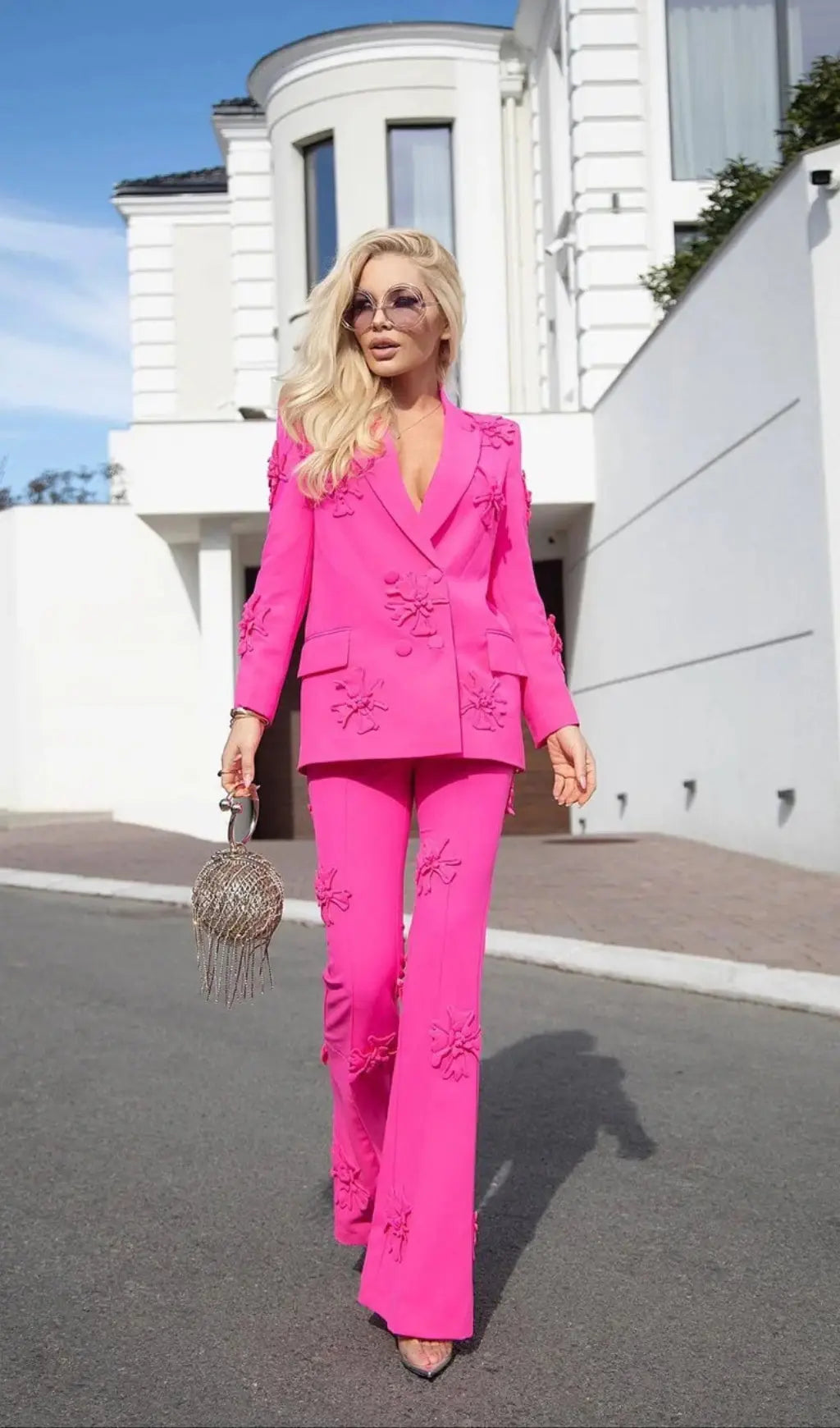 Acedia Pink Three Dimensional Floral Suit Rose Lee Dress