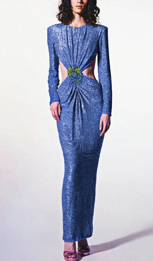 Sequin Cutout Backless Maxi Dress In Blue Rose Lee Dress