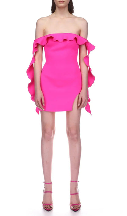Pink Ruffled Off The-Shoulder Mini Bandage Dress Rose Lee Dress