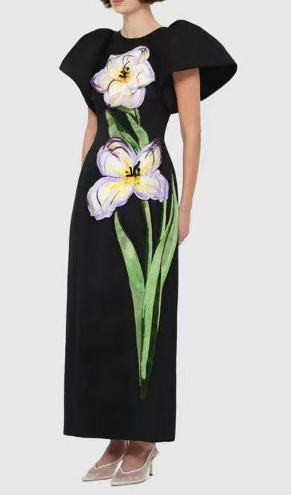 Eadoin Black Flower Puff Sleeve Maxi Dress Rose Lee Dress