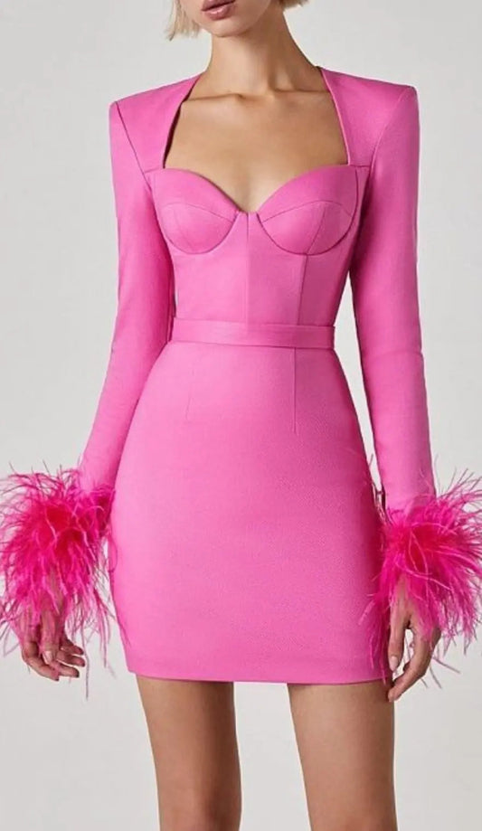 Stretch Long Sleeves Mini Dress In Hyper Pink Rose Lee Dress