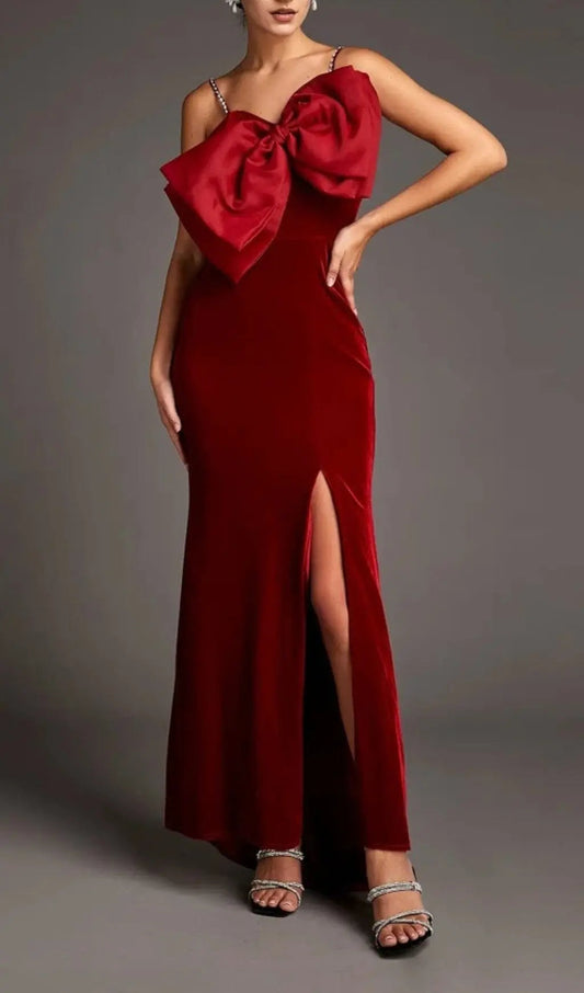 Dark Red Front Bow Side Slit Mermaid Maxi Dress Rose Lee Dress