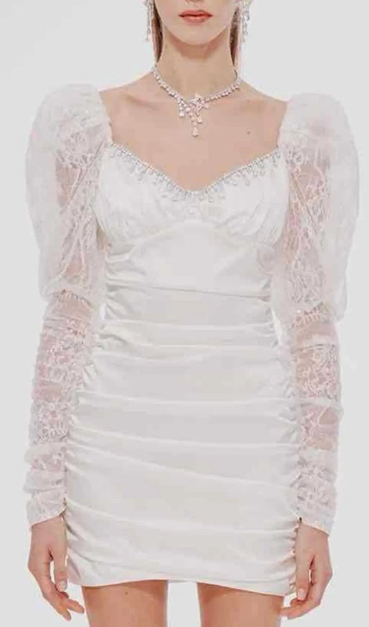 Pleated Dress With Lace Puffed Sleeves In White Rose Lee Dress