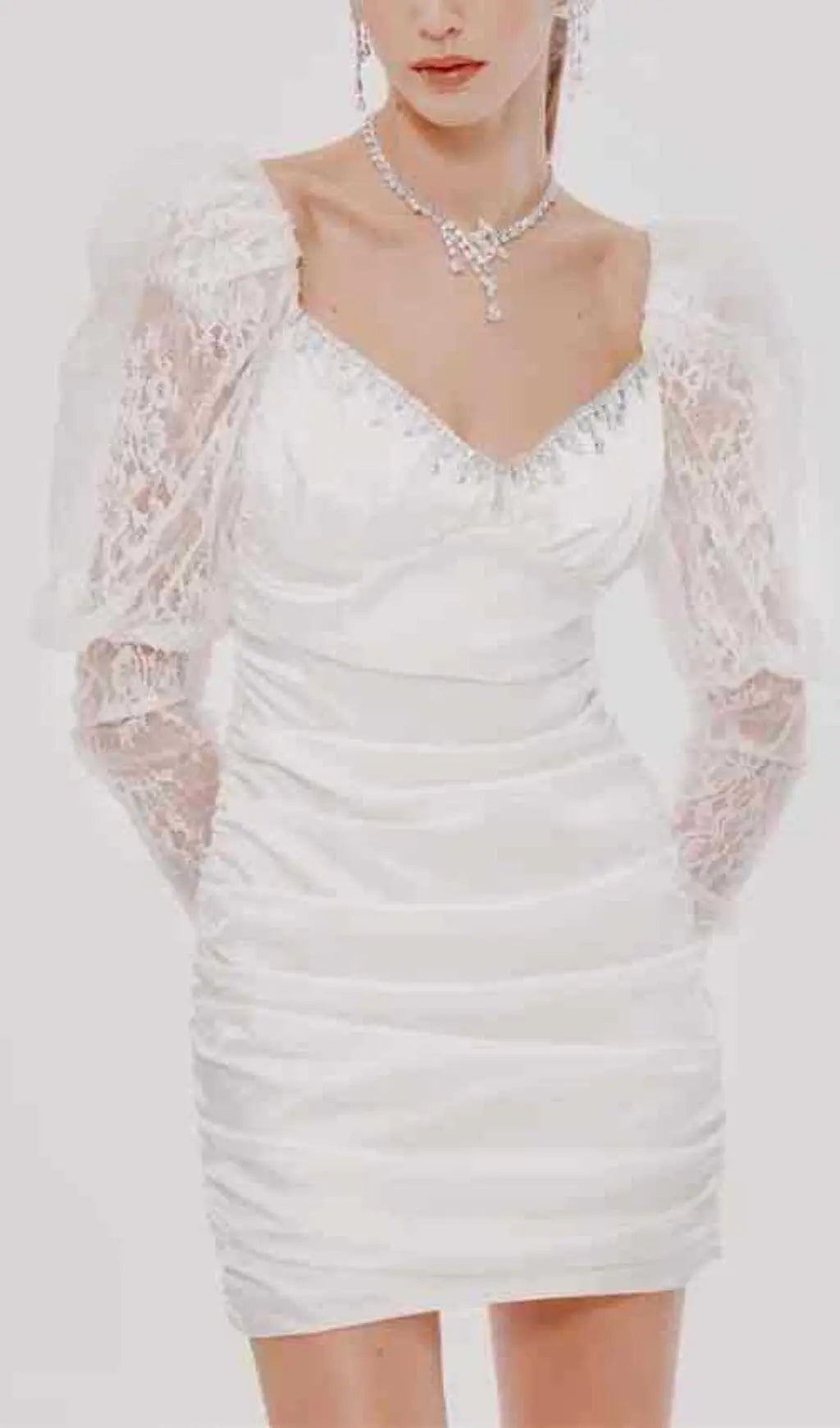 Pleated Dress With Lace Puffed Sleeves In White Rose Lee Dress