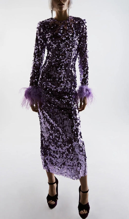 Sequin Patchwork Plush Cuff Dress In Purple Rose Lee Dress