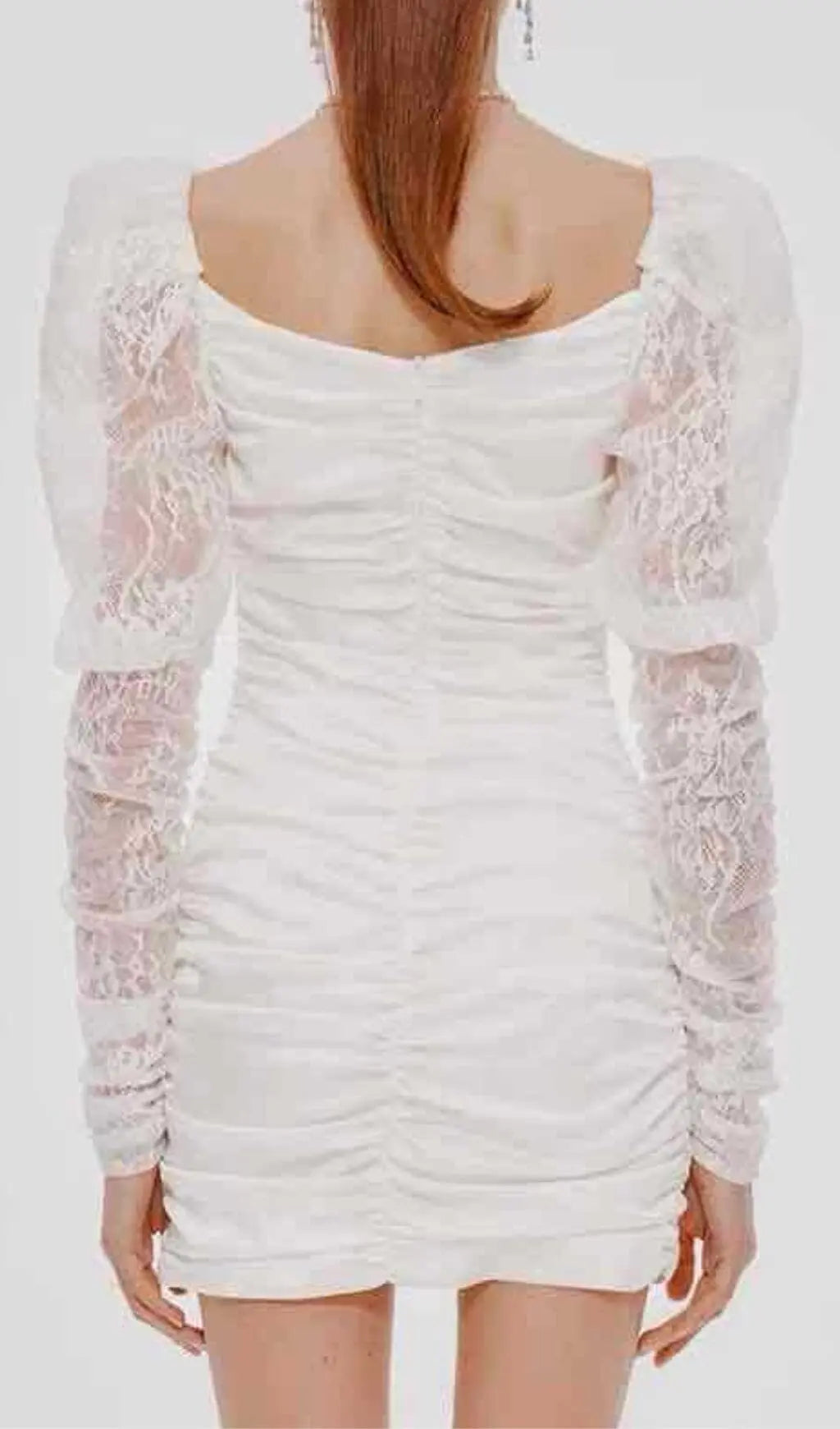 Pleated Dress With Lace Puffed Sleeves In White Rose Lee Dress