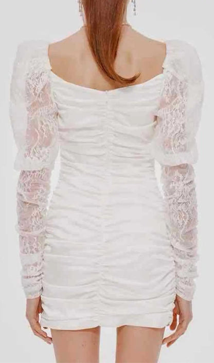 Pleated Dress With Lace Puffed Sleeves In White Rose Lee Dress