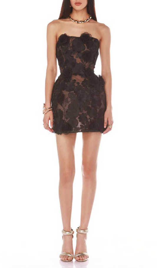 Enya Black Strapless Flower Mini Dress Rose Lee Dress