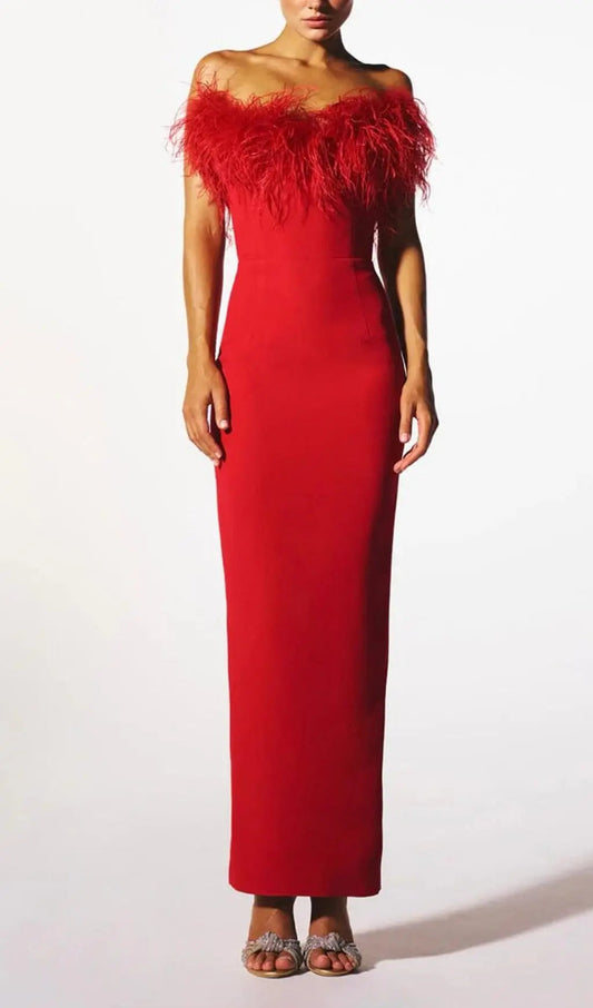 Stretch Strapless Feather Trimmed Gown In Red Rose Lee Dress