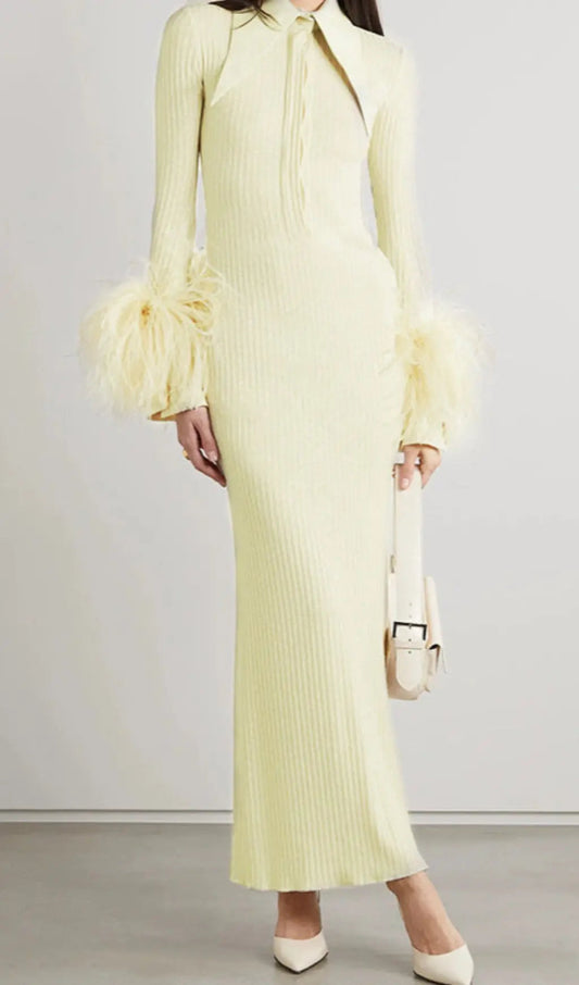 Yellow Long Sleeve Stand Collar Feather Maxi Dress Rose Lee Dress