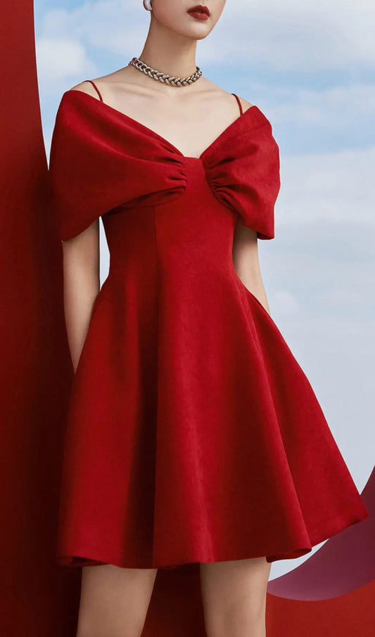 Red Off Shoulder Pleated A Line Dress Rose Lee Dress