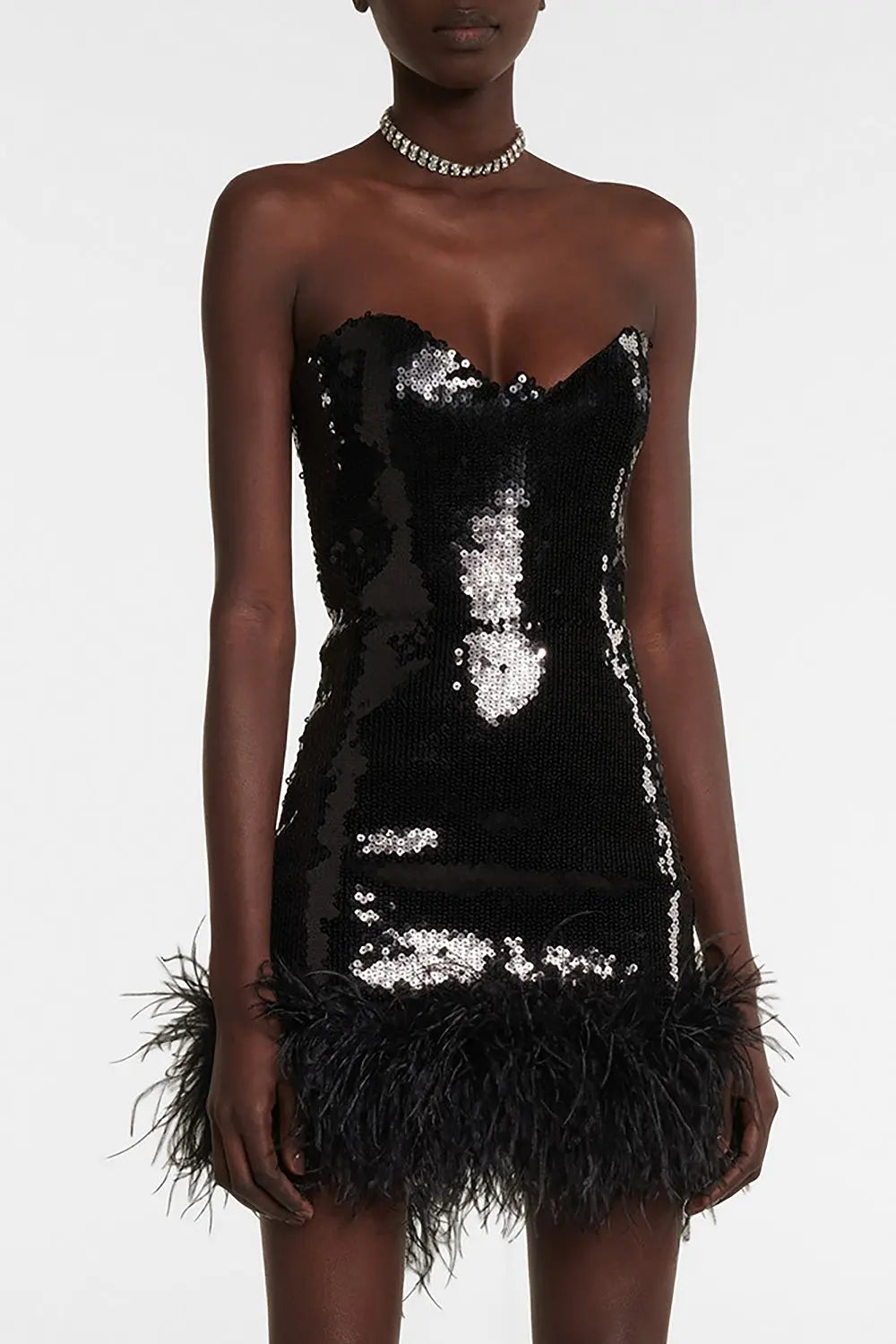Strapless Feather-Trim Mini Dress In Black Rose Lee Dress