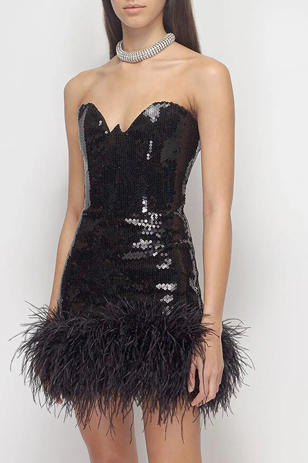 Strapless Feather-Trim Mini Dress In Black Rose Lee Dress