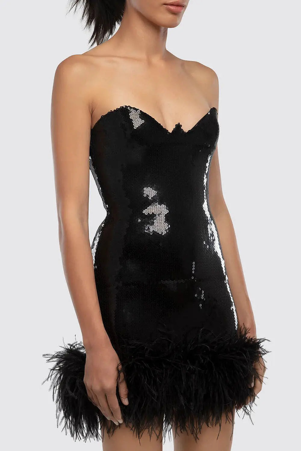 Strapless Feather-Trim Mini Dress In Black Rose Lee Dress