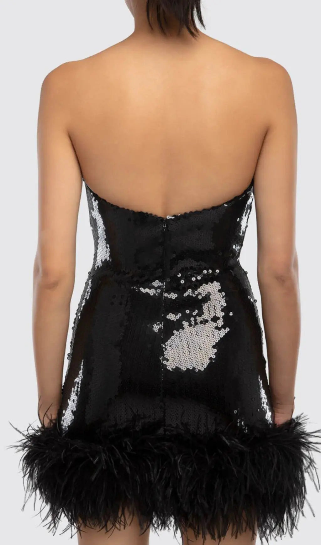 Strapless Feather-Trim Mini Dress In Black Rose Lee Dress